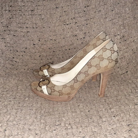 Vintage GUCCI-Horsebit Platform GG Monogram-Beige-Stacked Heels-Sz 9-Excellent - Picture 2 of 9